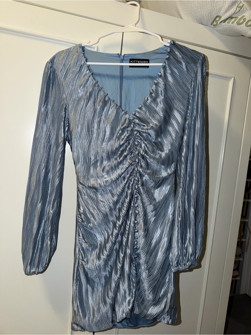 Light Blue Satin-Look Ruched Mini Dress